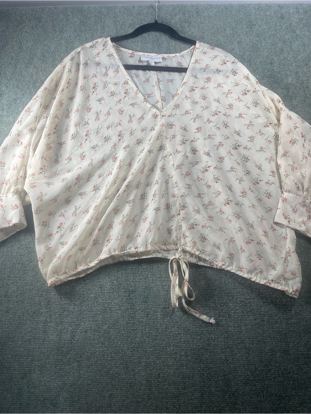 Cottagecore Cream Floral V-Neck‎ Semi Sheer Drawstring Blouse